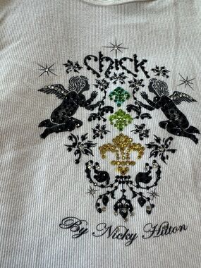 By Nicky Hilton Embellished Angel Crest Top - White with Black, Green, Gold